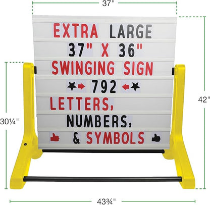 Swinging Changeable Message Sidewalk Sign 36″ x 37″ – Outdoor Advertising Sign Board with 792 Pre-Cut Double-Sided Letters & Storage Box – Heavy-Duty, Rust-Resistant Sidewalk Display for Businesses & Events (Yellow Legs)