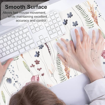 QiyI Large Mouse Pad, Cute Flower Desk Mat for Desktop, Women Girls Floral Office Décor Accessories, PU Leather Waterproof Big Gaming Mousepad, Wildflowers Desk Pad Computer Mat, 31.5" x 11.8"