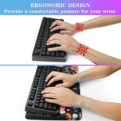 Computer Keyboard Stand with Wrist Rest, Ergonomic Tilted Keyboard Holder - Keyboard Riser with Wrist Pad - Keyboard Tray Support for Office Home - Black Flowers