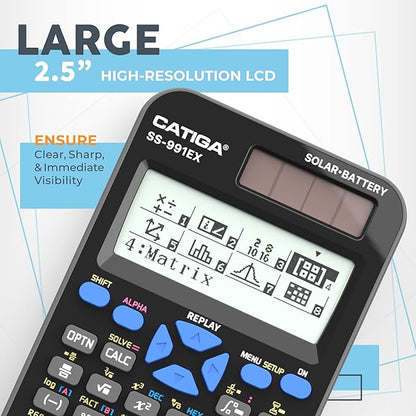 CATIGA SS-991EX Scientific Calculator with Advanced 550 Functions- Solar & Battery Powered, Multi-Function, High School & College Math, Trigonometry, Statistics, Algebra, Durable, Large Display