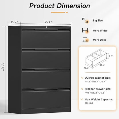 Bestoo 4-Drawer File Cabinet with Lock, Metal Filing Cabinet for Home Office, Lateral Filing Storage Cabinets, Fits File Folders, Letter/Legal/F4/A4 Sizes, Assembly Required (Black)