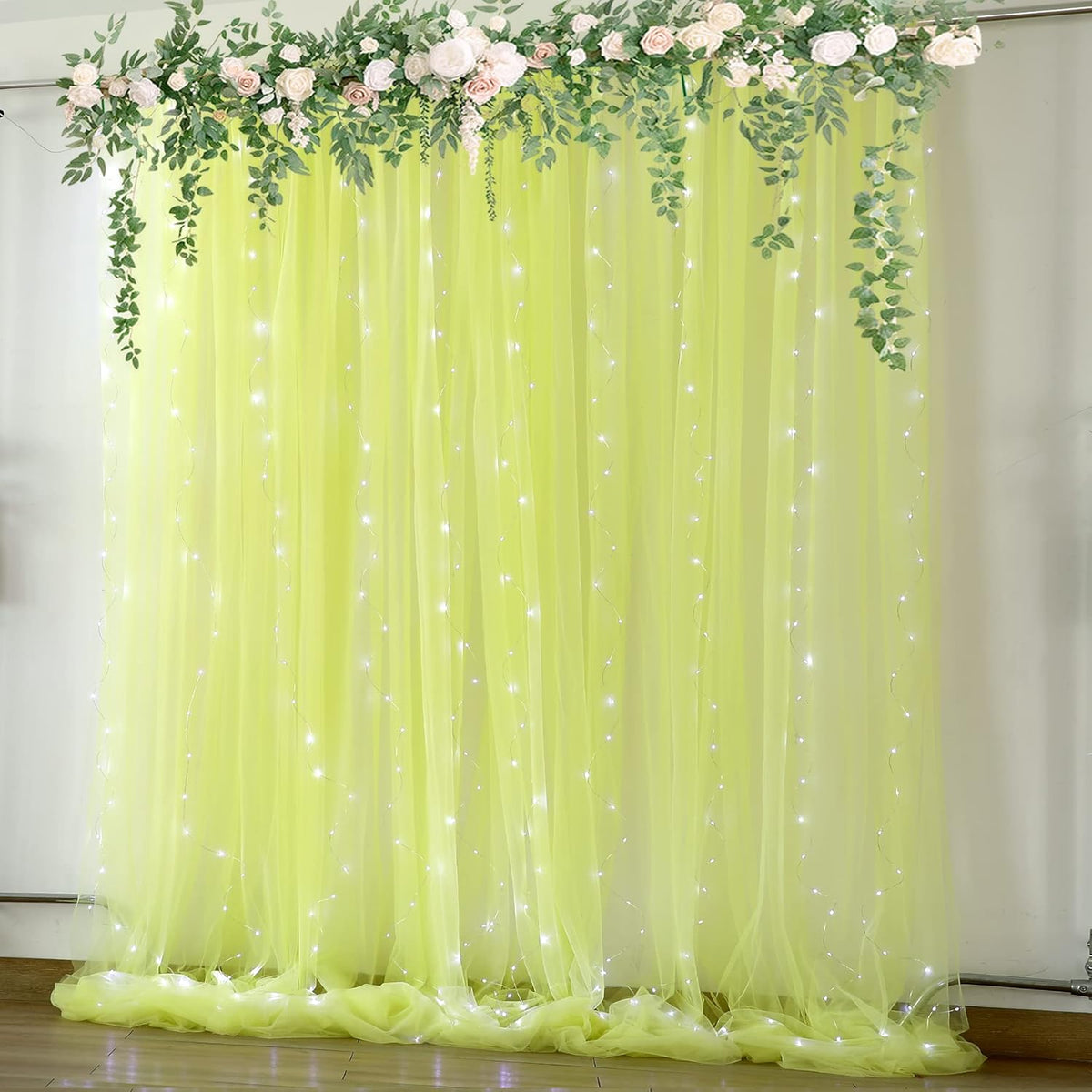 Yellow Sheer Tulle Backdrop Curtains with Lights String for Birthday Party Photoshoot 2 Panels 5×10ft Yellow Backdrop Curtains for Baby Shower Wedding Background Decorations
