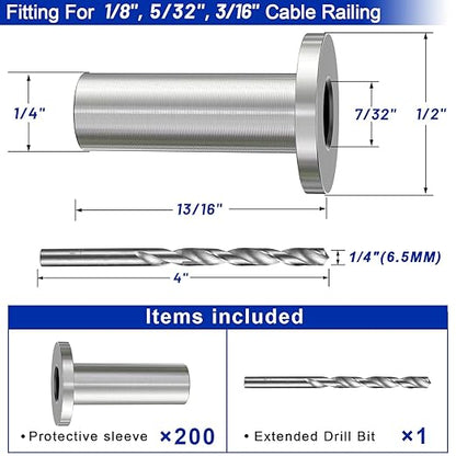 Steel DN Mate 200 Pack Stainless Steel Protector Sleeves for 1/8" 5/32" or 3/16" Cable Railing, Cable Protector Sleeves for Cable Railing System,T316 Cable Railing Hardware with a Drill Bit, DE05