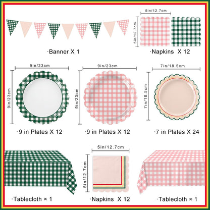 102 PCS Camp Bachelorette Decorations - Scalloped Gingham Plates, Napkins, Cups, Banner, Gingham Tablecloths for Baby Shower, Wedding, Birthday, Serves 25