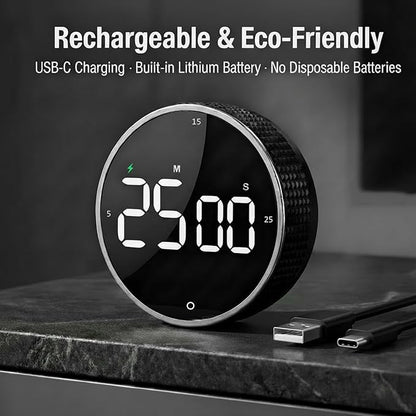 Rechargeable Magnetic Kitchen Timer, LED Countdown/Count-Up Timer, Supports USB-C Charging, with Loud Alarm, 3 Preset Quick Times (5/15/25m), Perfect for Kitchen Cooking, Studying, and Fitness