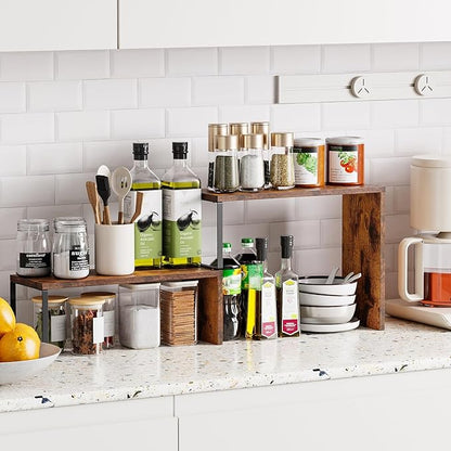 Vfelf Kitchen Countertop Organizer, Spice Rack Cabinet Organizer Shelf Stackable Counter Corner Shelves Organization and Storage for Pantry, Counter top, Coffee Station Wood Rustic Brown