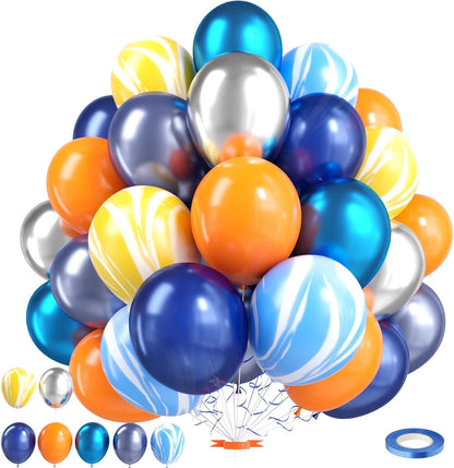 Orange Blue Balloons, Outer Space Party Balloons Set,12 Inch Navy Blue Silver Orange Yellow Agate Latex Balloon, for Boys Girls Space Theme Birthday Party, Graduation Baby Shower