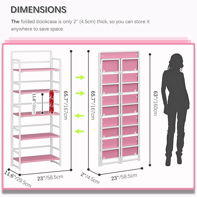 4NM No Assembly 5 Tiers Folding Bookshelf Storage Shelves Vintage Bookcase Standing Racks Study Organizer Home Office (Pink White)