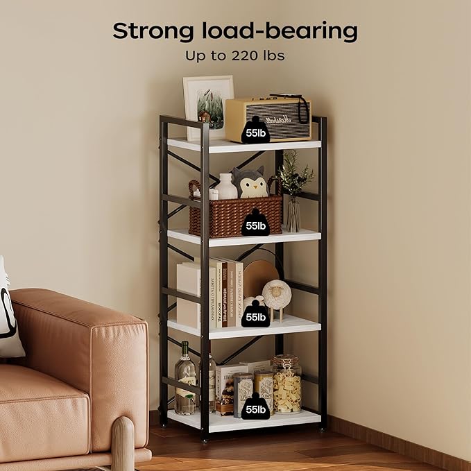 Homeiju 4 Tier Small White Metal Bookcase for CD/Movie/Book, Book Shelf Organization and Storage for Living Room, Kid's Room, and Home Furniture - 1018WH