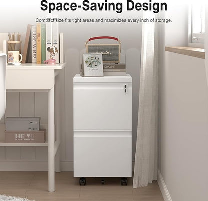 HOMOFFICE 2 Drawer File Cabinet with Lock, Metal Mobile Filing Cabinet on Wheels, Compact Desk Side Storage Cabinet for Home Office, Letter/Legal/A4 File Organizer with Anti-Tip Wheel (White)