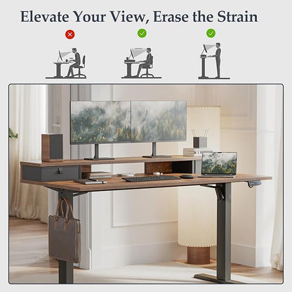 Klicelor 63 Inch Electric Standing Desk with Drawers, Adjustable Height Small Sit Stand Desk for Home Office, Compact Computer Workstation with Storage– Rustic Brown