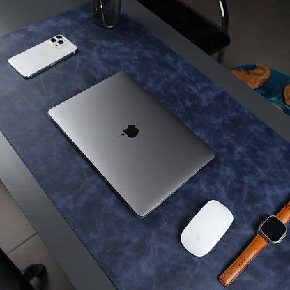 TORONATA Jersey Genuine Calfskin Leather Desk Pad, Office Desk Mat with Non-Slip Bottom, Smooth Surface for Mouse & Keyboard, Desk Protector (36x19 inches) (Navy)