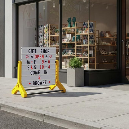 Swinging Changeable Message Sidewalk Sign 36″ x 37″ – Outdoor Advertising Sign Board with 792 Pre-Cut Double-Sided Letters & Storage Box – Heavy-Duty, Rust-Resistant Sidewalk Display for Businesses & Events (Yellow Legs)