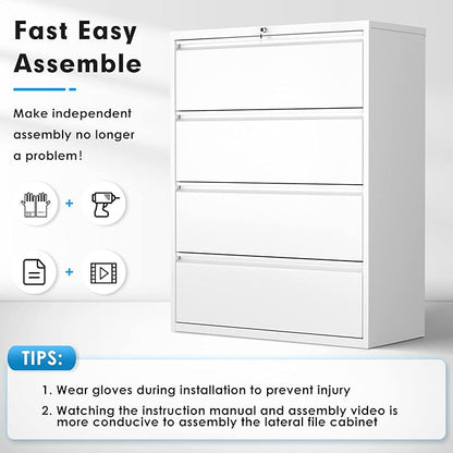 Pataku 4 Drawer File Cabinet with Lock, Metal Lateral File Cabinets for Home Office, Locking Filling Cabinets for Hanging Files Letter/Legal/F4/A4 Size(4Drawer/White)