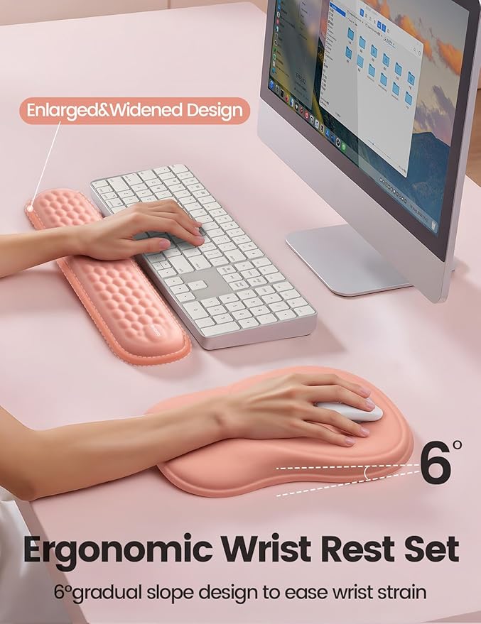 Meatanty Keyboard and Mouse Wrist Rest Set, Ergonomic Wrist Pad Support, Computer Hand Palm Rest Combo, Memory Foam Typing Desk Accessory Carpal Tunnel Cushion, Laptop Office Home School Women-Pink