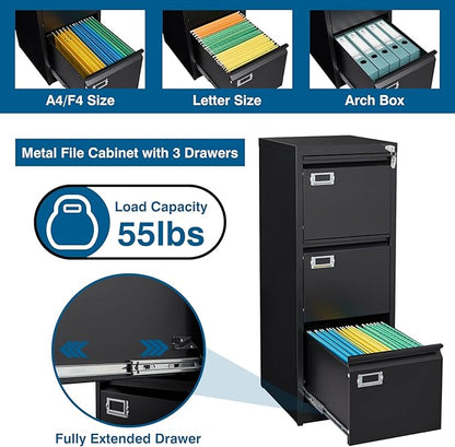 PEUKC 3-Drawer File Cabinet, 16.3" Deep Vertical Filing Cabinet with Lock, Metal File Cabinet for Home Office, Anti-Tip 3 Storage Drawers for Letter/Legal/A4/F4 Size, Assembly Required, Black
