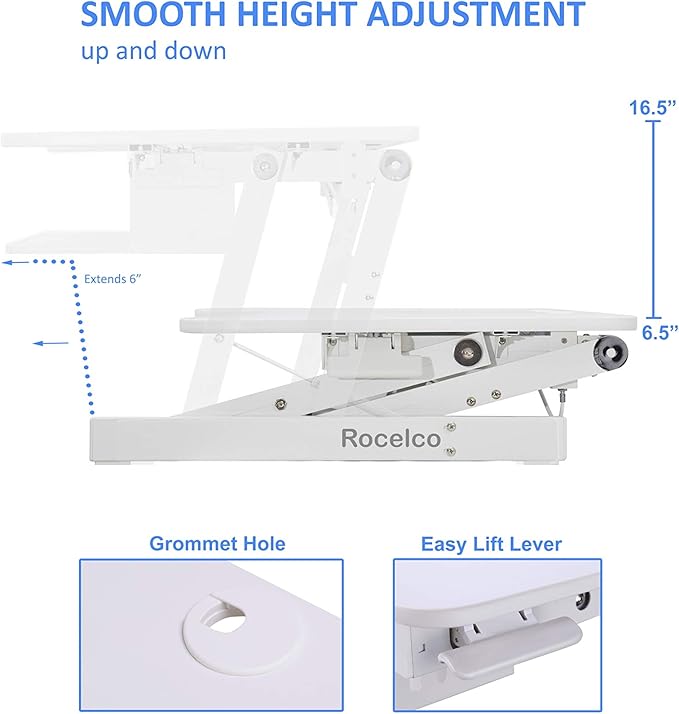 Rocelco 37.5" Deluxe Height Adjustable Standing Desk Converter - Quick Sit Stand Up Dual Monitor Riser - Gas Spring Assist Computer Workstation - Large Retractable Keyboard Tray - White (R DADRW)