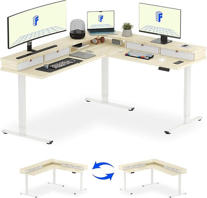 FLEXISPOT 71" L Shaped Standing Desk Electric Corner Table with Shelf, 4 Storage Drawers, Adjustable Computer Workstation for Home, Office, Game, Studio,Light Maple Top + White Frame