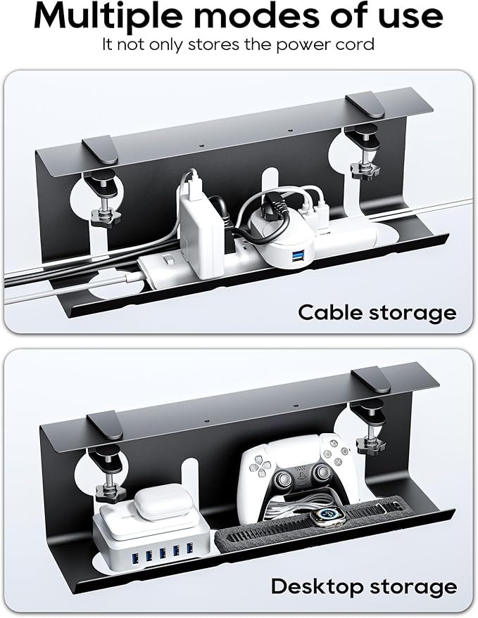 NODOCA No Drill Under Desk Cable Management Tray, 17'' Wire Management, Punch-Free Clamp on, Metal Cable Tray, Wire Organizer Under Desk, Under Desk Basket for Office and Home, Black