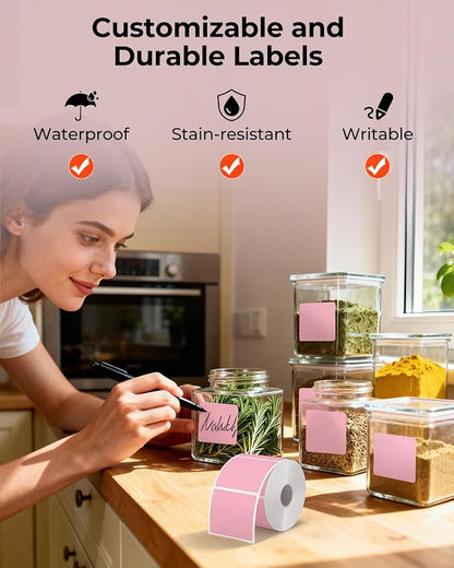 MUNBYN 2x2 Thermal Labels, 750 Sheets/Roll, Pink | Strong Adhesive & Perforated, Non BPA&BPS for Small Business, Barcode, Bakery, Shipping