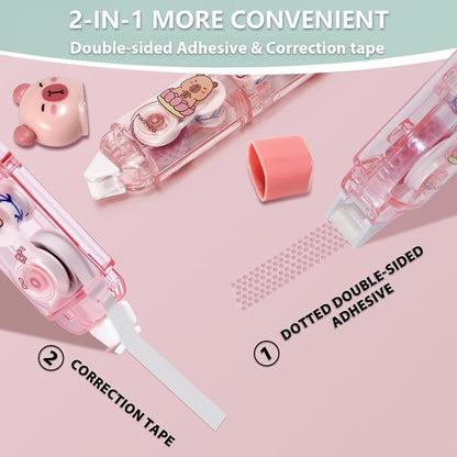 2 in 1 Correction Tape and Double Sided Tape Roller, Cute Quick Dry Japan White correction tape,with Permanent Double Sided Adhesive Tape Roller,for School Office Supplies