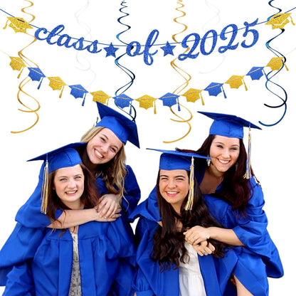 2025 Blue Class-Congratulations Prom Graduation Party-Decorations - 22pcs High School College Grad Supplies Decor, Royal Navy White Gold Tissue Pom Poms Streamers, Paper Flowers Lanterns Hugmoon