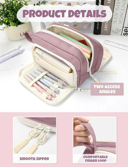 SUNEE Cute Pencil Case, Aesthetic Pen Pouch with 3 Compartments, Kawaii Colored Large Pencil Bag with Zipper, Stationery Storage and Organizer, Purple School Supplies for Teen and Adult Girls