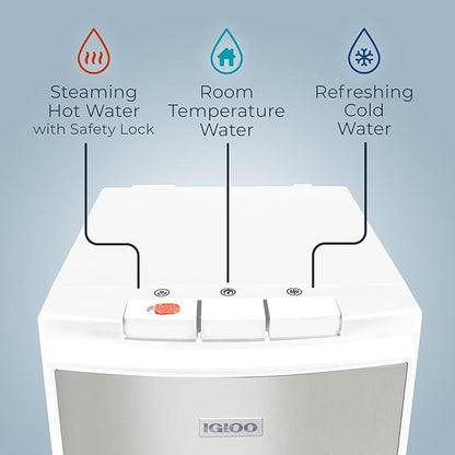 Igloo Bottom Load Water Cooler Dispenser - Hot, Cold, or Room-Temperature Water - Holds 3 or 5 Gallon Bottles - Child Safety Lock - Perfect for Homes, Kitchens, Dorms - White Stainless