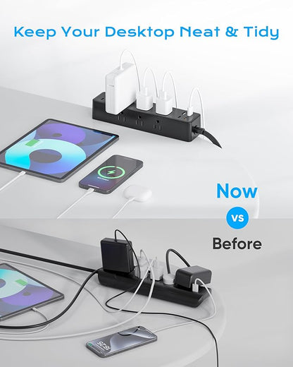 Flat Plug Desk Clamp Power Strip 15FT, 40W Total Fast Charging Station, Dual PD 20W USB C Ports, Desk Edge Mount Power Strip 9 AC Outlets 8 USB Ports(4 USB C) Surge Protector, Fit 1.7" Tabletop Edge