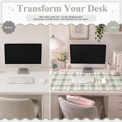 iCasso Leather Scalloped Checkered Desk Mat, XXL Flower Mouse Pad, Back to School Desk Matt for Desktop, Anti-Slip Big Cute Mousepad with Stitched Edges for Home Office Decor (Light Green)