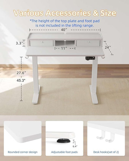 YIHAYO Electric Standing Desk with Drawers, 40 x 24 Inches Adjustable Desk with Storage Shelf, Stand Up Desk with Splice Board, Computer Table for Home Office,White Frame/White Top
