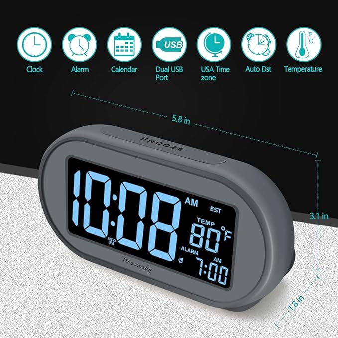 DreamSky Alarm Clocks for Bedrooms, Auto Set Digital Desk Clock for Bedside Nightstand, Electric Clock with Dimmable Brightness Dimmer, Auto DST, USB Port, Date, Temperature, Snooze