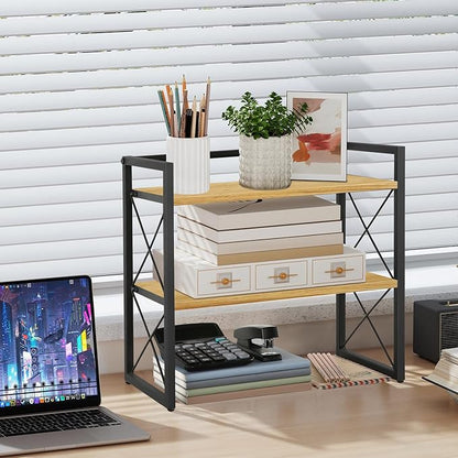 YINMIT Desktop Shelf Organizer, 2 Tier Office Shelves, Wood Desk Organizer Storage Rack and Freestanding Display Shelf for Office, Dormitory, Home (Black Wood)