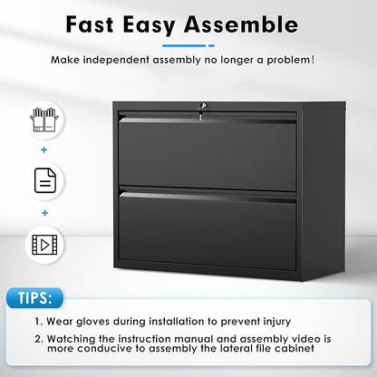 Pataku Lateral File Cabinet, 2 Drawer File Cabinet with Lock, Black Filing Cabinets for Home Office, Metal File Cabinet for Hanging Files/Letters/Legal/F4/A4(2Drawer/Black)
