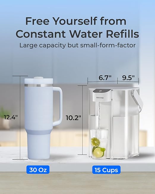 Waterdrop EDC01W Electric Water Filter Pitcher, NSF/ANSI 42, 15-Cup, White | 98% Chloramine Reduction, Rechargeable Water Dispenser, Instant 200-Gallon Countertop Purifier, Reduce PFOA/PFOS, Lead