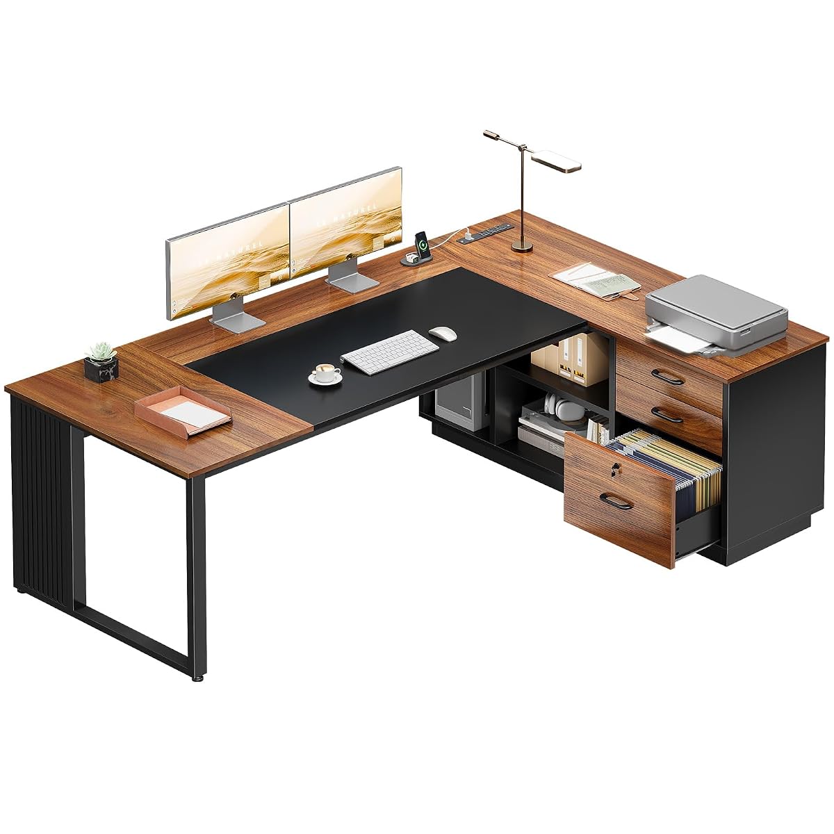 71 Inch L Shaped Executive Desk with Storage, Walnut+ Black