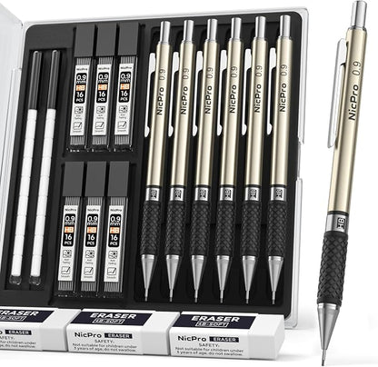 Nicpro 0.9 mm Art Mechanical Pencils Set in Case, 6 PCS | Metal Drafting Pencil Lead Pencil + 6 Tube HB Lead Refill, Eraser, Comfort Grip For School Writing, Artist Drawing Sketching