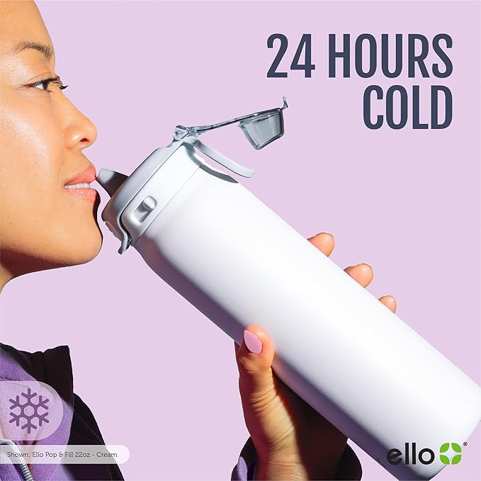 Ello Pop & Fill 22oz Stainless Steel Water Bottle with Quick Fill Technology, Double Walled and Vacuum Insulated Metal, Leak Proof Locking Lid, Sip and Chug, Reusable, BPA Free, Gloss Daisies