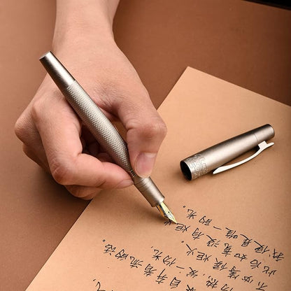 Hongdian 6013 Silver General Fountain Pen, Iridium Gold-silver Medium Nib Solid Metal Writing Pen with Metal Case