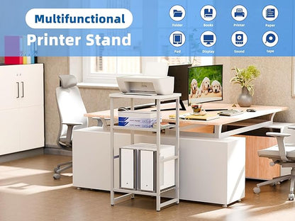 GEORIS 3 Tier Metal Printer Stand Shelf, White Side Table for Printer, Fax Marchine