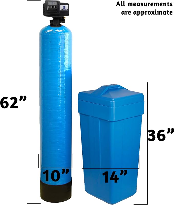 AFWFilters 1.5 Cubic Foot (48k) Whole Home Water Softener with Durable 10% Crosslink Resin, 1" Stainless Steel FNPT Connection, and Blue Tanks