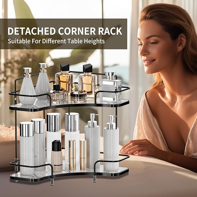 Seoneiro 2 Tier Corner Bathroom Counter Organizer, Cosmetic Skincare Organizer, Bathroom Countertop Perfume Tray Vanity Organizer, Kitchen Spice Corner Storage Shelf