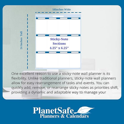 Sky Blue 12 Section Task, Objective and Goals Planning System Vertical 24" Tall x 18" Wide. Wall Tray, Dry-Erase Marker, Eraser and 600 Sticky-Notes