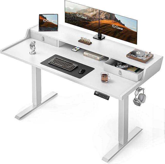 ErGear Electric Standing Desk with Drawers, 55″ x 28″ Gaming Table Compatible Monitor Stand, Stand up Desks, Home Office Height-Adjustable Desk with Storage Shelf, 4 Preset Heights, White