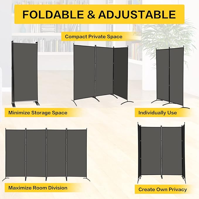 MAYOLIAH 4 Panel Privacy Screen Room Dividers 6FT Tall Portable Office Wall Divider for Rooms Separator 136" x20"x71", Grey