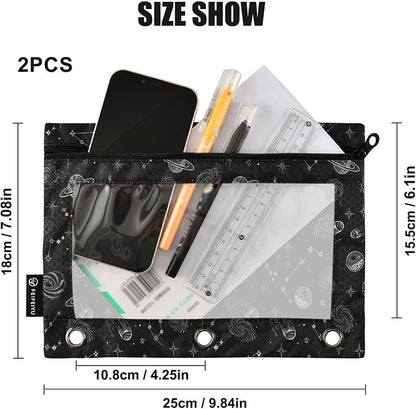 Space Planet Stars Moon Binder Pouches 3 Ring for Boys Girls School Office College Supplies Galaxy Black Universe Rocket Pencil Pouches Case Bag with Clear Window and Zipper 2 Pack