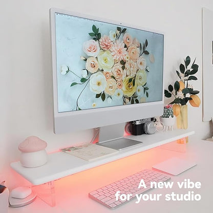 ROCDEER Bamboo Monitor Stand Riser with RGB Lights,31.5 Inches Desktop Shelf with Acrylic Legs Supports for Desk, PC Computer Monitor, Laptops, Printer, Speakers (White)