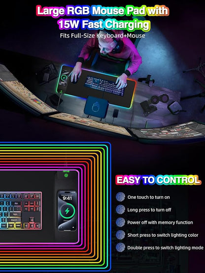 Magnetic Charging Mouse Pad, 31.5x11.81 Inch XL Gaming Mousepad, 11+5 RGB Lighting Modes, Home Office Large Desk Pad with Ultra-Smooth Surface, Non-Slip, Waterproof Keyboard Pad Classic Black Desk Mat