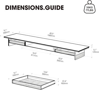Fenge Dual Monitor Stand with Drawer, 42.5 Inch Large Monitor Riser with Acrylic Legs Supports, Computer Stand for Desk, 2 Tier Wood Desk Shelf with Storage Organizer for PC, Laptop, Printer, TV