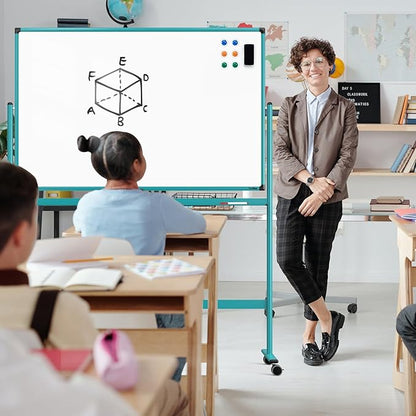 Mobile Whiteboard on Wheels, 48x32 Inches Rolling Whiteboard, Magnetic Dry Erase Board with Stand, Standing White Board for Office, School, Home, Large Double Sided White Board with Paper Pad